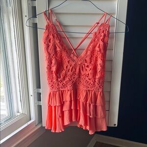 Coral Lace Ruffle Tank Top